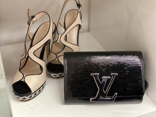 Brand New never worn Casadei Sandals and Louis Vuitton Crossbody on Chain Clutch