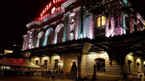 Union Station, a LoDo District landmark at night.