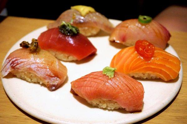 Nigiri Plate: bluefin tuna, salmon, hamachi (yellowtail), shima aji (striped jack), hirame (fluke) ($29). Added toro (fatty tuna) for $11.