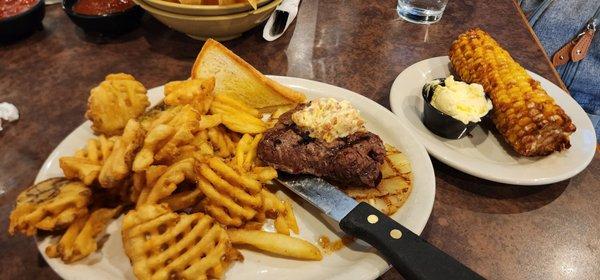 Pineapple Mango Steak with Waffle Fries and Fried Corn