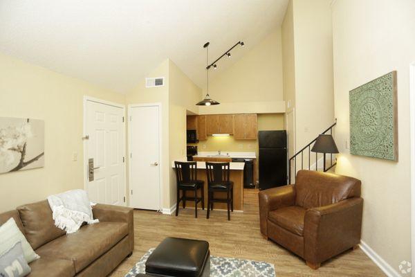 The Oak floor plan is a loft style apartment with 2 bathrooms 2 bedrooms. Open concept living room, kitchen.