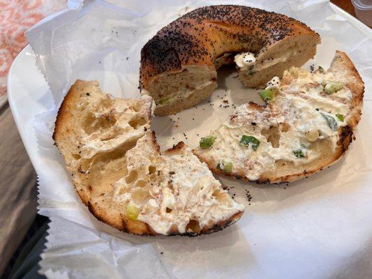 Toasted poppy bagel w/ scallion & cream cheese