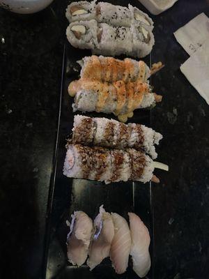 Philadelphia roll, Jalapeño Shrimp roll, Shrimp tempura roll, Red Snapper and Mackerel sashimi