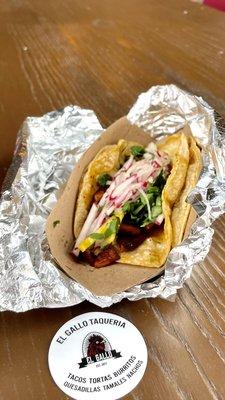 Taco. Al Pastor- slow-roasted pork. Corn tortilla. $4 + tax + tip