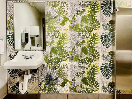 Cute tropical tile in the women's bathroom.