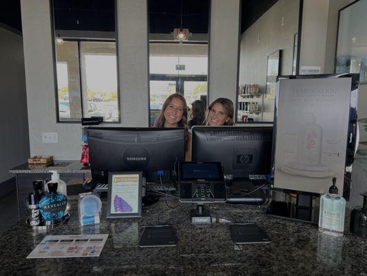 Roxy and Riley at front desk - Celebrity Tanning