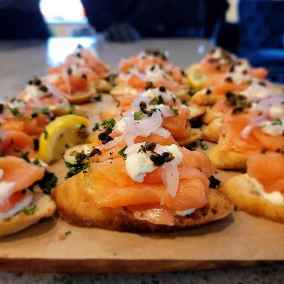 Are you looking for pass Hor d'oeuvres for any event?  Here we have Smoked Salmon crostinis with lemon cream fresh and honey goat cheese