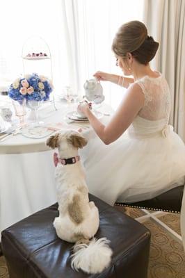 Wedding day tea with Bride and her dog