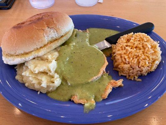 Chicken Poblano with rice and mashed potatoes