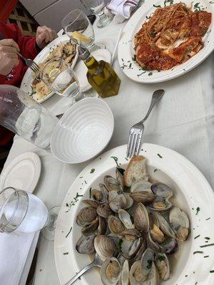 Clams Sautéed, Eggplant Rollatini, & Chicken Piccata