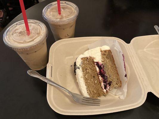 Cake slice and 16 oz iced caramel latte (2x)