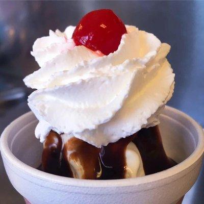 Classic Hot Fudge Sundae, whipped cream and a cherry always included in the price!