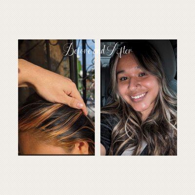 This is how my lovely client came in with very orangey highlights. Turned into a high contrast balayage.