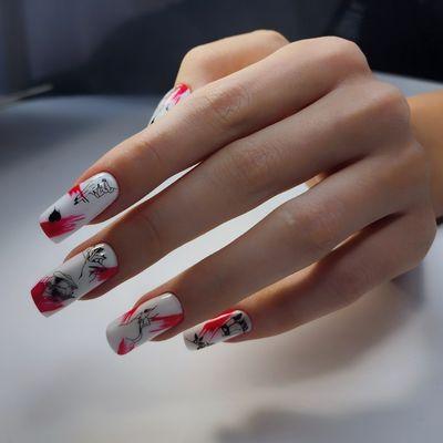 Square Hard Gel nail extension with cute design