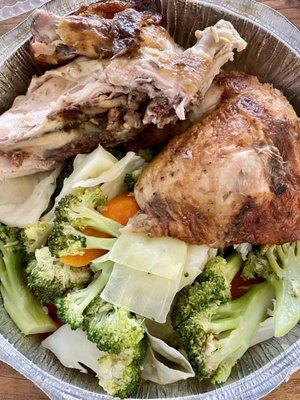 Half Chicken w/ two sides of steamed vegetables - fresh and delicious (no salt or oil either which is nice)