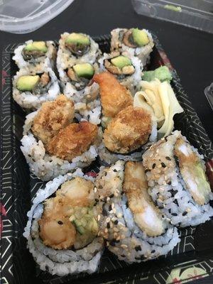 Eel avocado and shrimp tempura rolls. $5.50 each