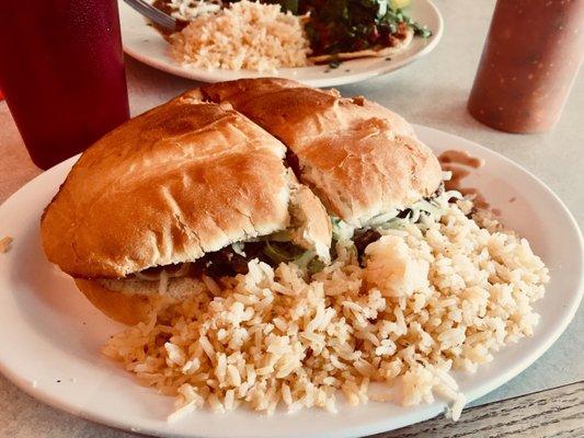 Steak torta sandwich with rice