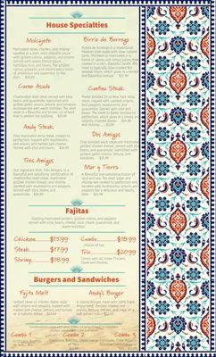 Menu for House Specialties, Fajitas, Burgers and Sandwiches