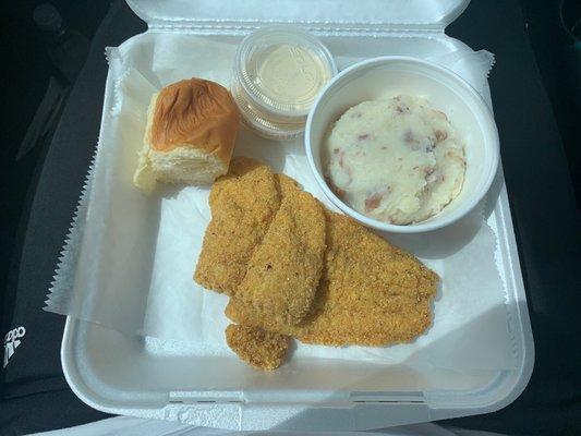 My two-piece fish with mashed potatoes--no gravy-- and a roll.