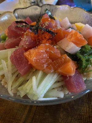 Tuna, salmon, and yellowtail poke bowl