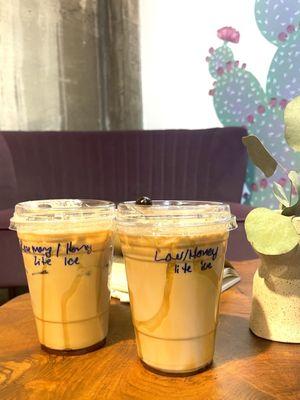 Iced lavender honey latte, and iced rosemary honey latte