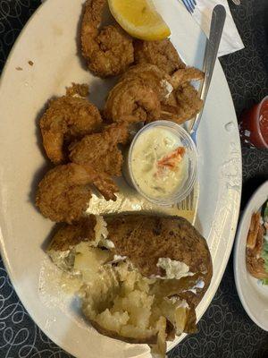 Shrimp and baked potato!   Potato cooked just right!  Shrimp fried and tasty