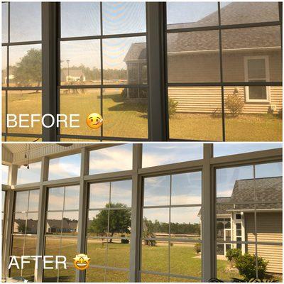 Before and after of a sunroom with vinyl windows