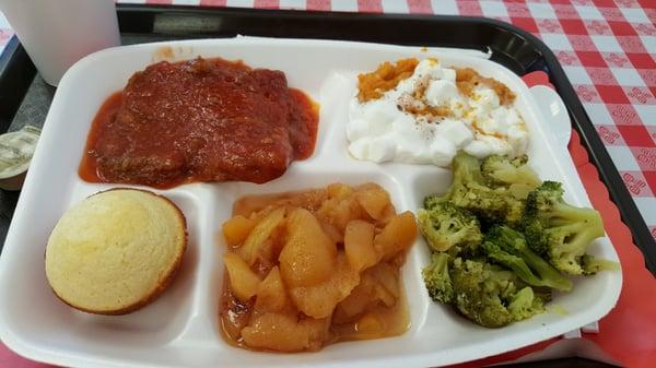 Meatloaf, cornbread muffin with 3 sides