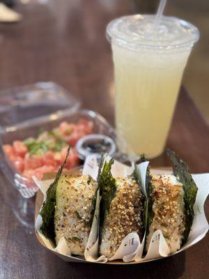 Spicy tuna, honey walnut shrimp, and pork belly onigiri  Lychee lemonade and spicy tuna poke