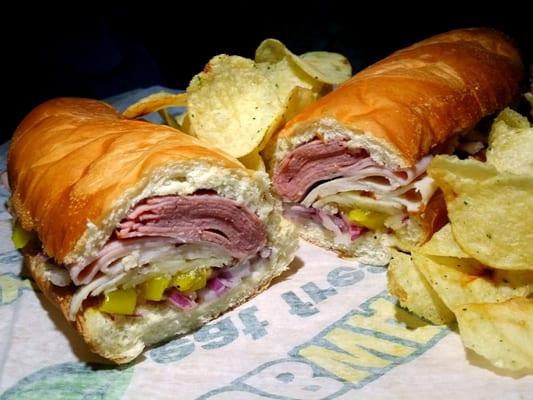 12" Cold Cut Combo on white, with Black Forest Ham & Turkey extras, as well as some Sour Cream and Onion Chips.