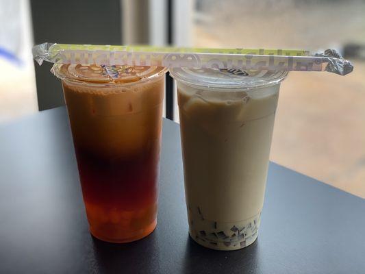 Thai Tea Milk Tea with Green Apple Popping Boba/Aga Boba and Jasmine Milk Tea with Coffee Jelly