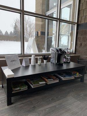 Our coffee and magazine station, with instructions on how to use the Keurig and log on to our complimentary, high speed, secure Wifi.