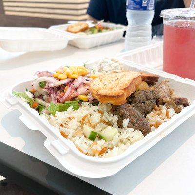 Rice w/ chicken and meatballs, hummus and tzatziki, lettuce cucumber salad w/ onion + cheese + corn. Includes Ottoman Sherbet