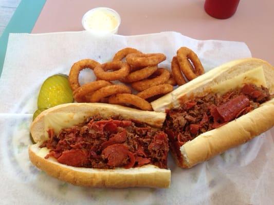 Pepperoni Cheesesteak with Marinara and Onion Rings!