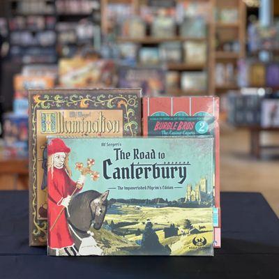 Brand new games! We get new board games every week, including Illumination, Burgle Bros 2, and The Road to Canterbury.