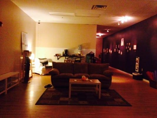 Cozy and inviting lobby is a great place to relax before or after a class.