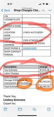 Lynch estimate for $1k in towing that never happened, $150/day in storage fees and grand total of $5k for a car that was deemed totaled.