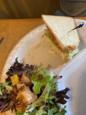 Shrimp salad sandwich with mixed green citrus salad.