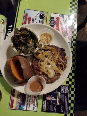 Chop steak with onions, collard greens, and sweet potato.