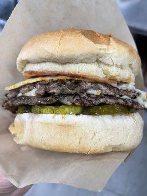 Belle-Aire Burger with peanut butter, bacon and bread and butter pickles