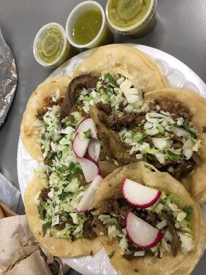 5 Asada Tacos with everything + green sauce.  fast. This is my goto Taco Truck in PASCO!