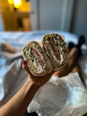 Everything Bagel with Vegetable Tofu Cream Cheese, Lettuce, Tomato, Pickles, and Peppers