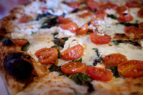 "Honey Goat" sourdough pizza - EVOO, goat cheese, roasted cherry tomatoes and honey drizzle