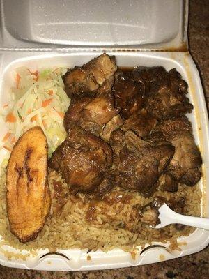 Brown Stew Chicken with rice and peas / cabbage / plantain