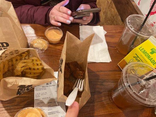 Chicken nugget meal. With waffle fries and sweet tea lemonade mixed. I got the chicken sandwich but ate it before I took this photo.