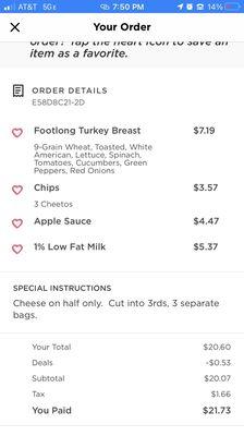 My order with the request for 3 separate bags.