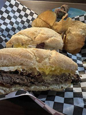 Royal Burger with Philly Cheesesteak Egg roll in the background. Delicious!