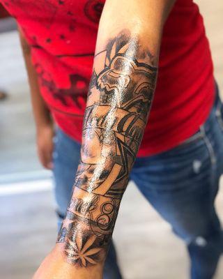 Concept by customer, sleeve dedicated to her mom & dad - design and tattoo by Sarah