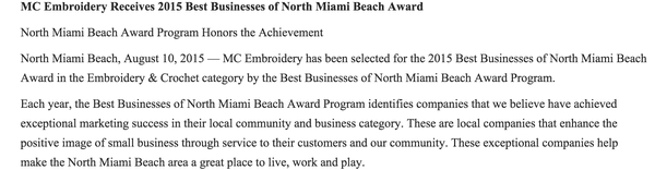 MC Embroidery wins the award for best Embroidery and Crochet business in North Miami for 2015.