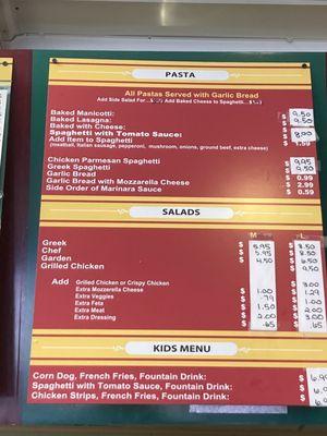 Pasta, salads and kids menu